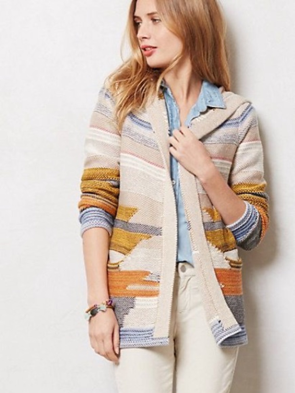 Anthropologie Hooded Striped Cardigan in Beige, Mustard & Blue